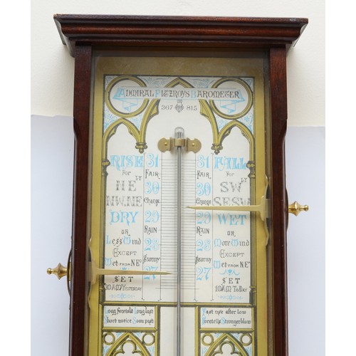 394 - A mahogany cased Admiral Fitzroy barometer, having architectural pediment with brass central finial,... 