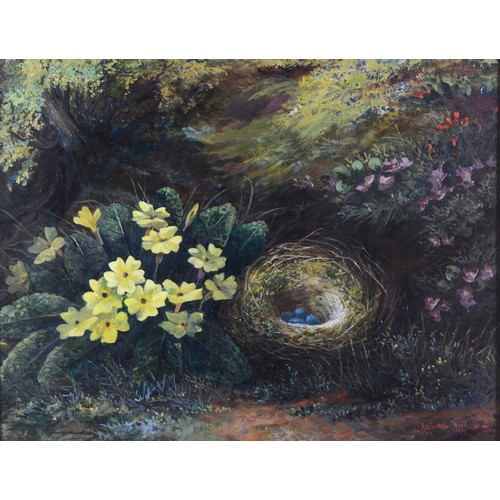 414 - G Stainton (Early 19th century), still life of daffodils and birds nest, oil on canvas signed and da... 