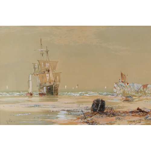 405 - A. P. W., (19th century), Sailing vessel beached, watercolour, monogram and dated '97, 28 x 43cm.