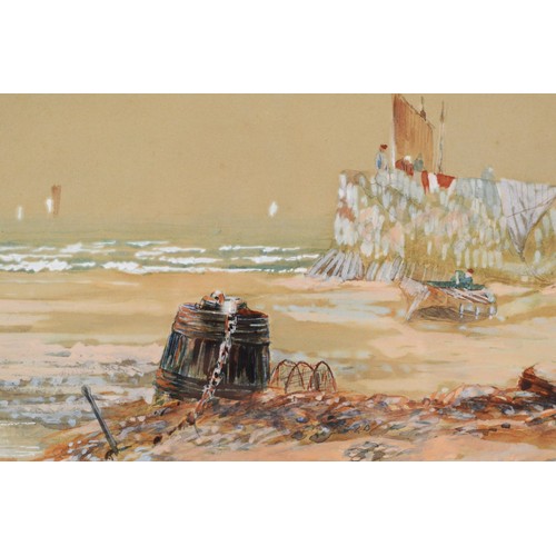 405 - A. P. W., (19th century), Sailing vessel beached, watercolour, monogram and dated '97, 28 x 43cm.