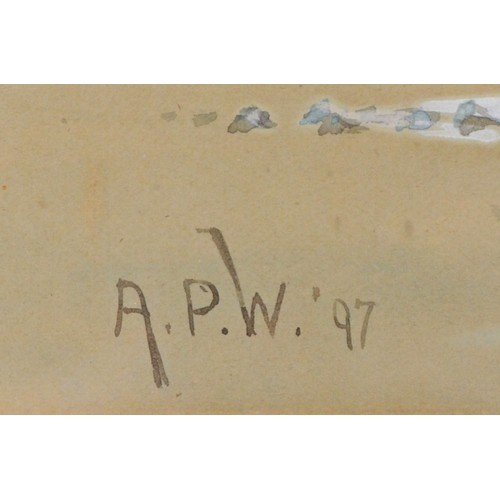 405 - A. P. W., (19th century), Sailing vessel beached, watercolour, monogram and dated '97, 28 x 43cm.