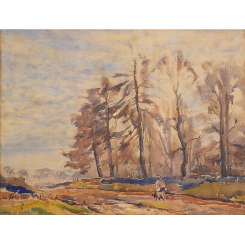 408 - Fred Lawson (1888-1968), man walking his dog, watercolour, signed, 18 x 24cm and another by the same... 