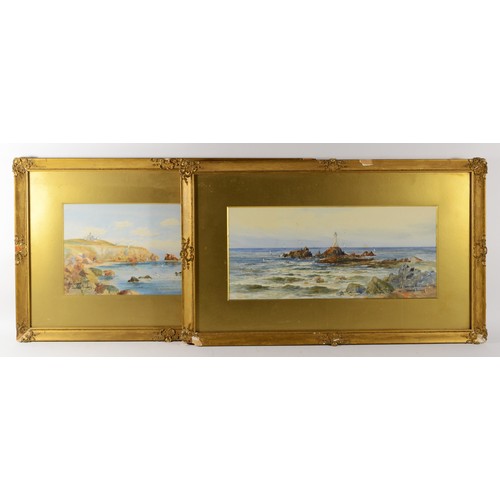 410 - Thomas Sydney, late 19th/early 20th century, Le Corbiere Lighthouse, Jersey, 19 x 44cm and a pair, T... 