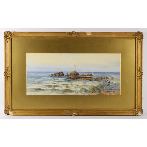 410 - Thomas Sydney, late 19th/early 20th century, Le Corbiere Lighthouse, Jersey, 19 x 44cm and a pair, T... 