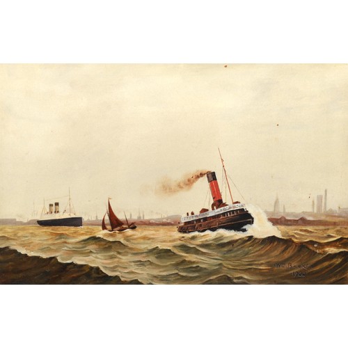 504 - William Barker (19/20th century), a pair, two Liverpool fishing smacks and a steam ship on the Merse... 