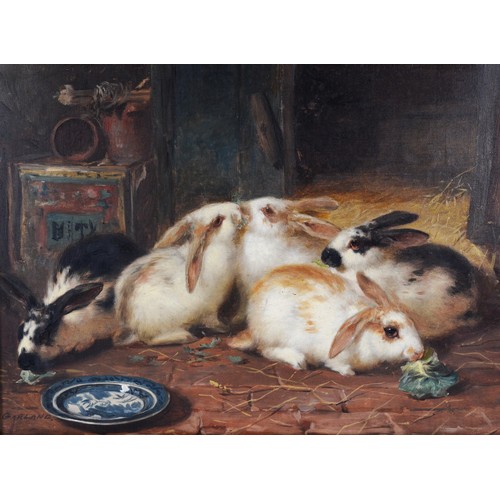 505 - Henry Garland (fl. 1854-1890), rabbits by a plate, oil on canvas, oil on canvas, signed, 26 x 37cm