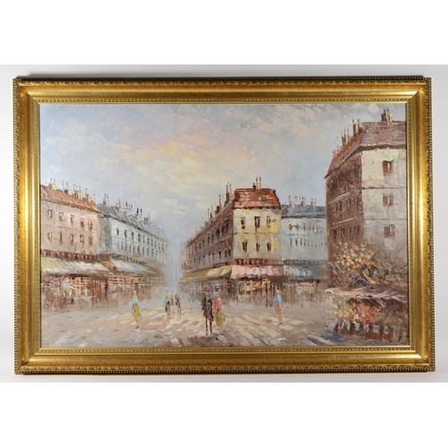 509 - Caroline Burnett (1877-1950), Parisian street scene, oil on canvas, signed, 59 x 90cm