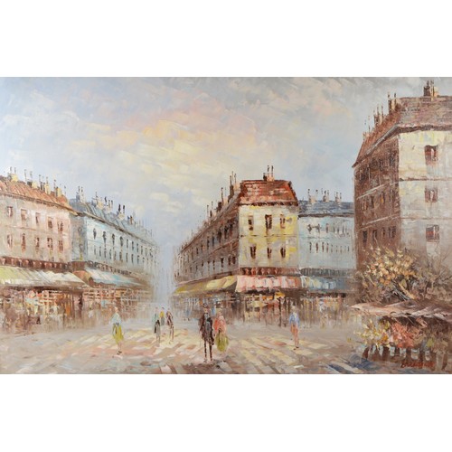 509 - Caroline Burnett (1877-1950), Parisian street scene, oil on canvas, signed, 59 x 90cm