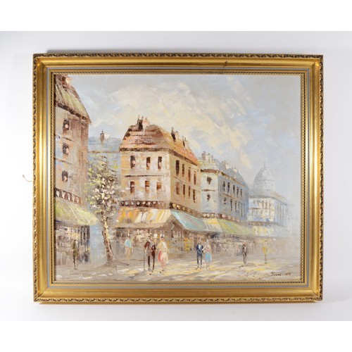 511 - French impressionist school, late 20th century, Parisian street scene, oil on canvas, indistinctly s... 