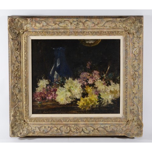 513 - Owen Bowen (1873-1967) chrysthanthemums and blue vase, signed, oil on canvas on board, 29 x 34cm ARR