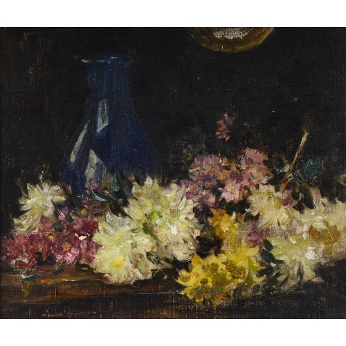 513 - Owen Bowen (1873-1967) chrysthanthemums and blue vase, signed, oil on canvas on board, 29 x 34cm ARR