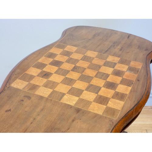 534 - A Victorian mahogany games side table, the scalloped edge top with walnut and satinwood chess board ... 