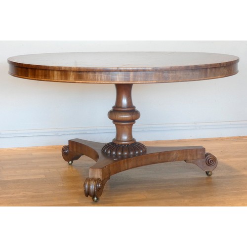 546 - A Victorian mahogany pedestal dining table with circular tilt top supported by a turned column on tr... 