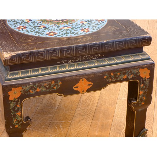 550 - A Japanese black lacquer and cloisonne low table, composed of three slightly domed panels, the whole... 