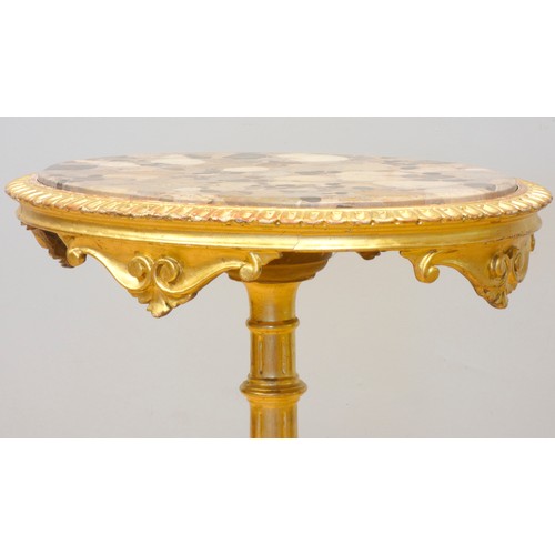 551 - A giltwood and marble oval occasional table, raised on a tripod pedestal, 56 x 43 x 72cm