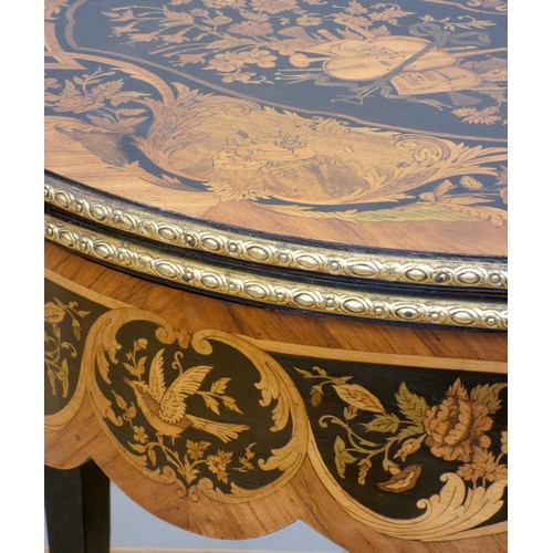 553 - A 19th century French serpentine kingwood and mahogany fold over card table, the ebony and stained f... 