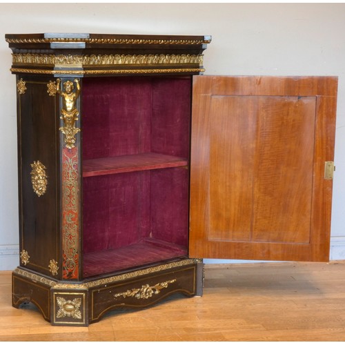 554 - A Napoleon III ebonised boulle pier cabinet, circa 1870/90, ormolu mounted detail, the brass and red... 