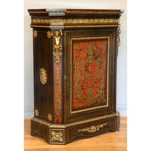 554 - A Napoleon III ebonised boulle pier cabinet, circa 1870/90, ormolu mounted detail, the brass and red... 