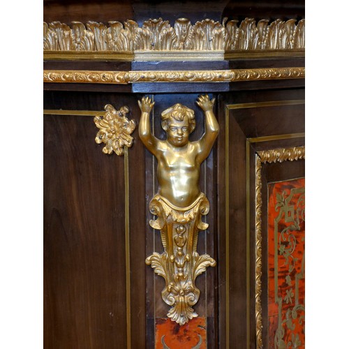 554 - A Napoleon III ebonised boulle pier cabinet, circa 1870/90, ormolu mounted detail, the brass and red... 