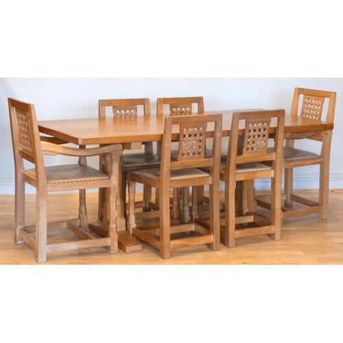 571 - A Peter 'Rabbitman' Heap of Wetwang oak dining suite, comprising refectory table with adzed oblong t... 