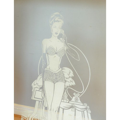 580 - A substantial overmantle mirror, circa 1950's, the etched glass depicting a pin up girl. 117x117cm