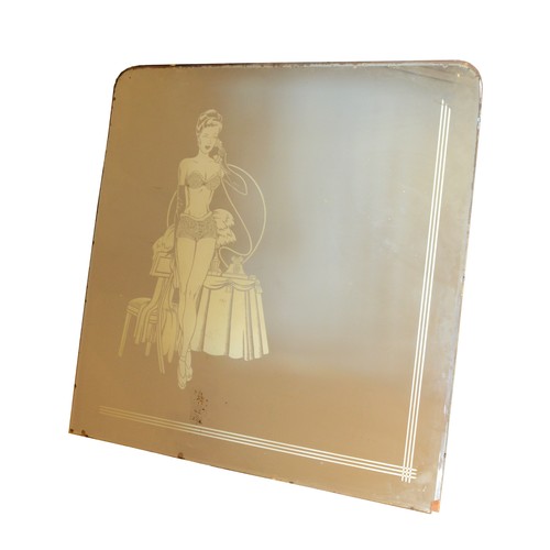 580 - A substantial overmantle mirror, circa 1950's, the etched glass depicting a pin up girl. 117x117cm