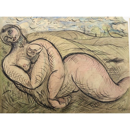 412 - In the circle of Venessa Bell (1879-1961) female nude, pen, ink and watercolour, signed and dated 19... 