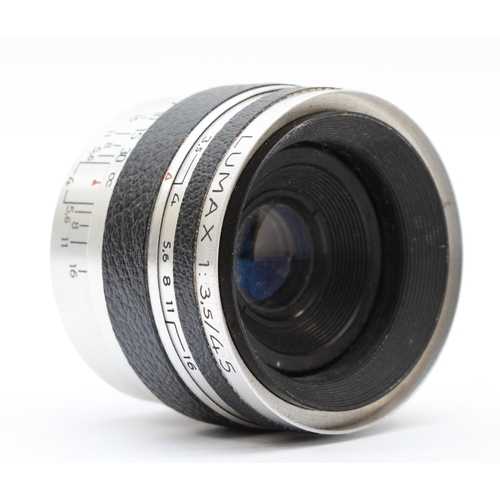 A Corfield Lumax 45mm f3.5 lens (serial number L1918122)