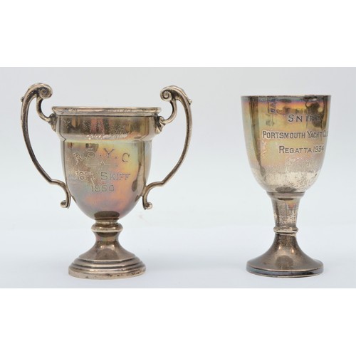 12 - Portsmouth Yacht Club interest; a silver trophy cup, Snipe, 1934, 8.5cm and R.S.Y.C. 16ft Skiff 1950... 