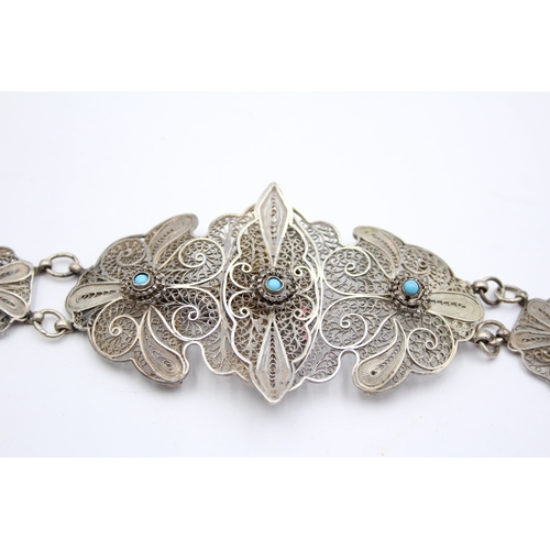 49 - A white metal filigree belt, unmarked, set with turquoise, 73cm, 137gm