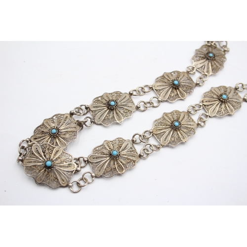 49 - A white metal filigree belt, unmarked, set with turquoise, 73cm, 137gm