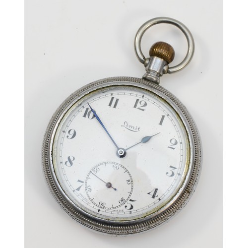 83 - Limit, a nickel open face keyless wound screw back pocket watch with a brass miners screw front prot... 