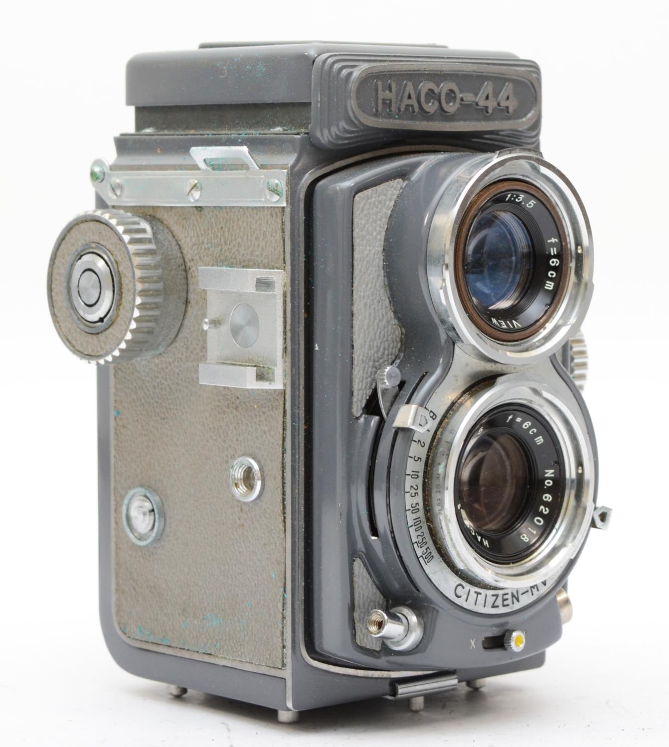 A Haco 44 4x4 TLR camera, grey colourway, with a Hacor 6cm f3.5 lens, in a  grey/blue carry case, wor