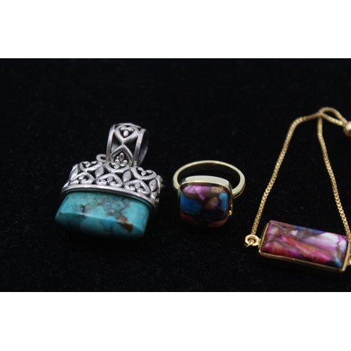 170 - A silver and turquoise pendant and ear ring set, and a silver gilt pendant and ring, 40gm