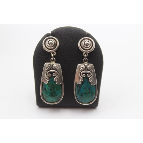 184 - A silver and turquoise matrix type of stone necklace and ear rings, 56gm