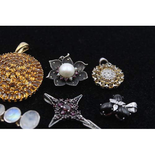 199 - Eight various silver and gemset pendants, including citrine and moonstone, 74gm