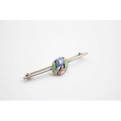 227 - Bernard Instone, a silver and enamel floral bar brooch, signed BI, 56mm, 4gm, case