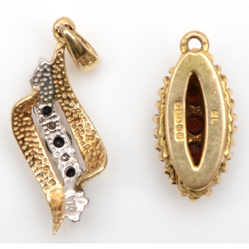 230 - A 9ct gold sapphire and diamond pendant and a garnet and pearl pendant, 2.5gm