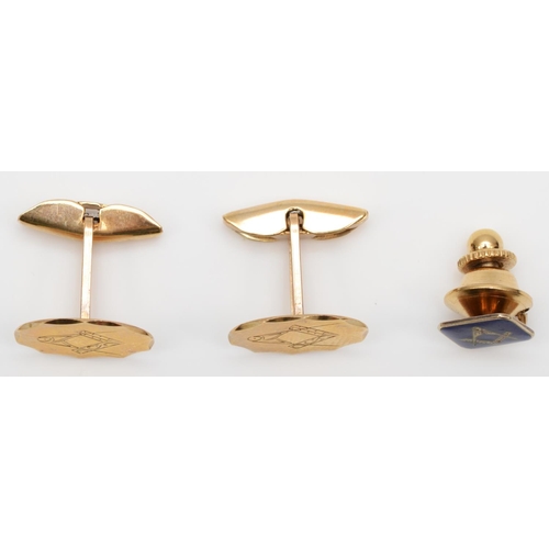 231 - Masonic, a 9ct gold pair of Masonic engraved cufflinks and a 9ct gold and enamel Masonic tie stud, 5... 