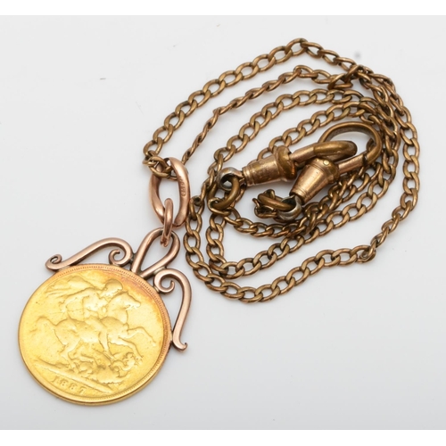 250 - A Victorian Old Head 1887 sovereign, hard soldered as a pendant, metal chain, pendant 9.2gm