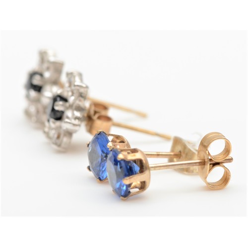 264 - A 9ct gold sapphire and white stone cluster ear studs and another blue stone pair, 2gm