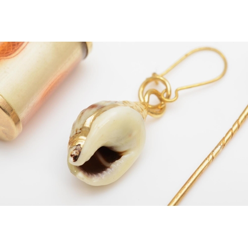 270 - A Victorian 15ct gold and diamond stickpin, a 9ct gold 10 shilling note charm and a shell earring