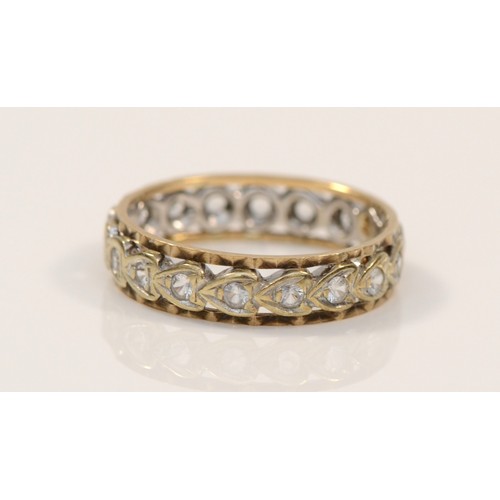 281 - A 9ct white and yellow gold and white stone eternity ring, L, 2.5gm