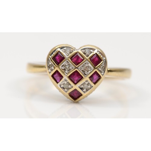 283 - A 9ct gold ruby and diamond heart shape checkerboard ring, O, with matching pendant, 6.1gm