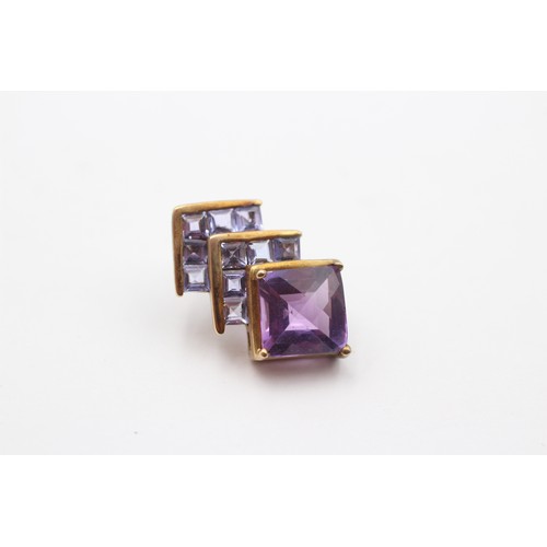 294 - A 9ct gold amethyst and tanzanite ear rings, 20mm, 5.3gm