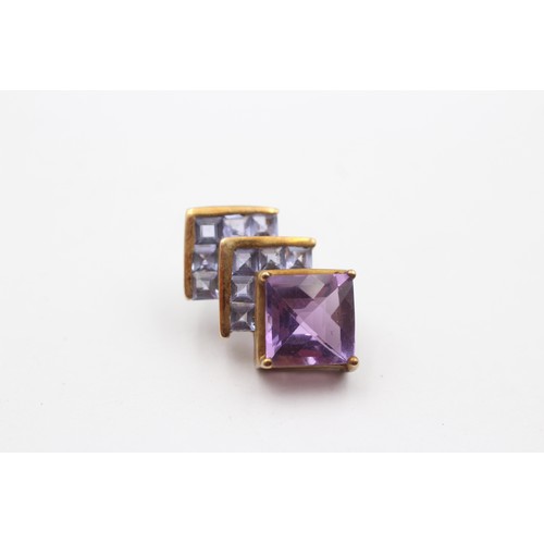 294 - A 9ct gold amethyst and tanzanite ear rings, 20mm, 5.3gm