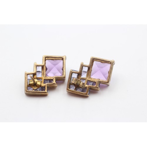 294 - A 9ct gold amethyst and tanzanite ear rings, 20mm, 5.3gm