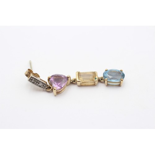 299 - A 9ct gold diamond, citrine, amethyst and topaz ear pendants, 33mm, 2.7gm