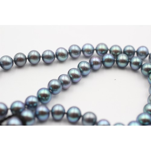 312 - A single row 6mm bead grey cultured pearl necklace, 9ct gold clasp, 44cm.