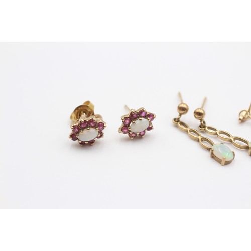 326 - A 9ct gold pair of opal and ruby cluster ear studs, an opal drop pair and a garnet drop pair, 3gm